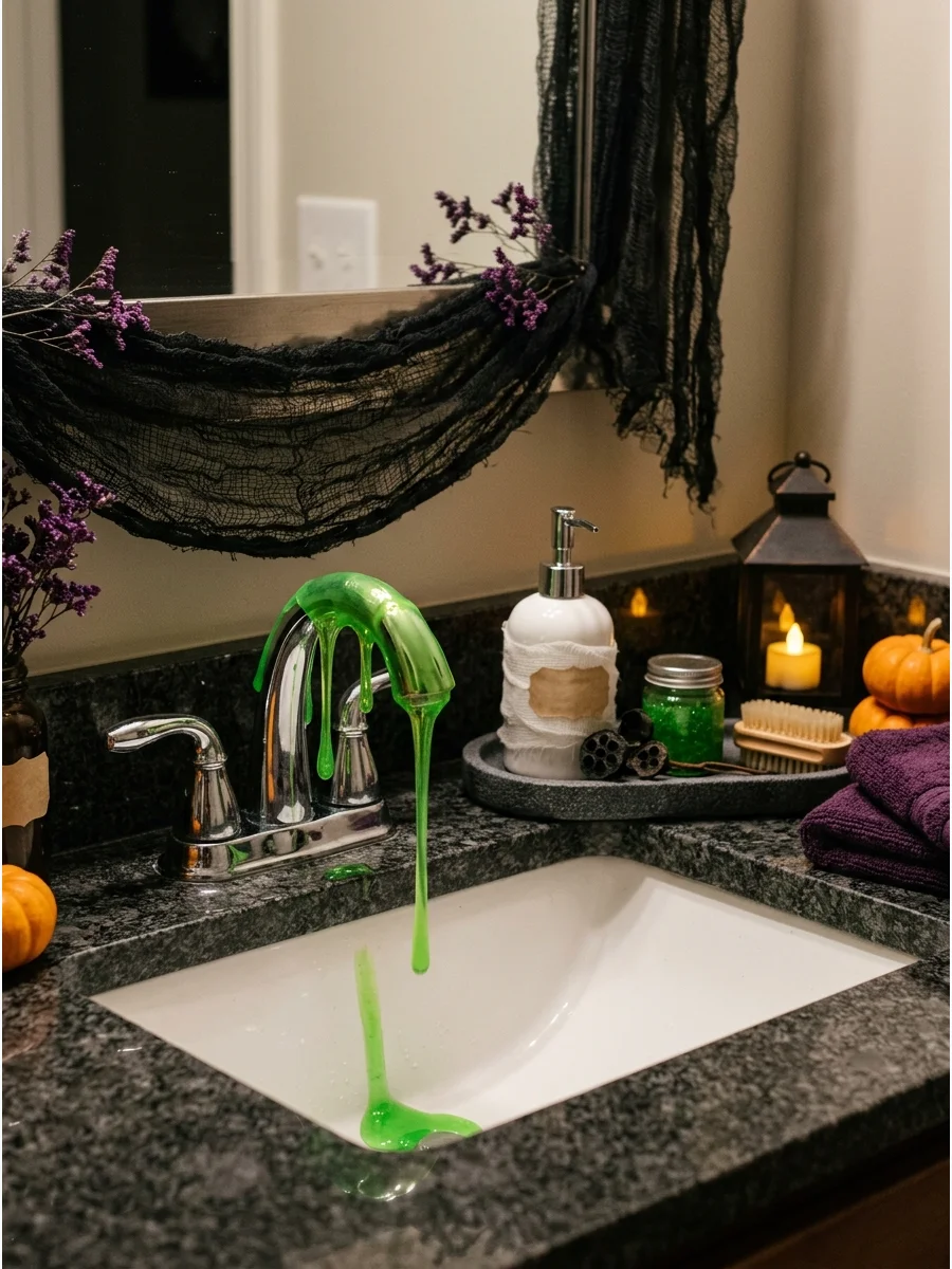 Green gel 'slime' dripping from a bathroom sink faucet.