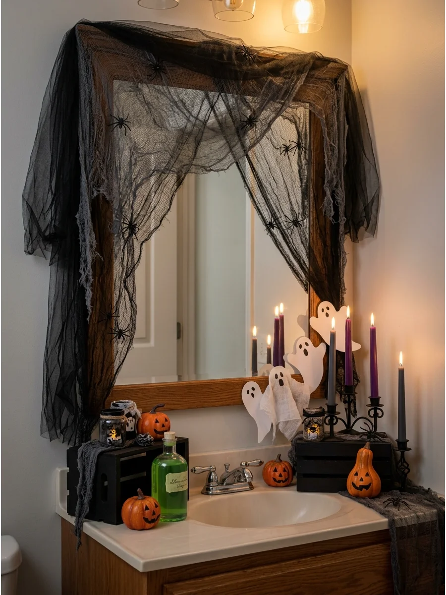 Bathroom mirror decorated with black tulle and plastic spiders.