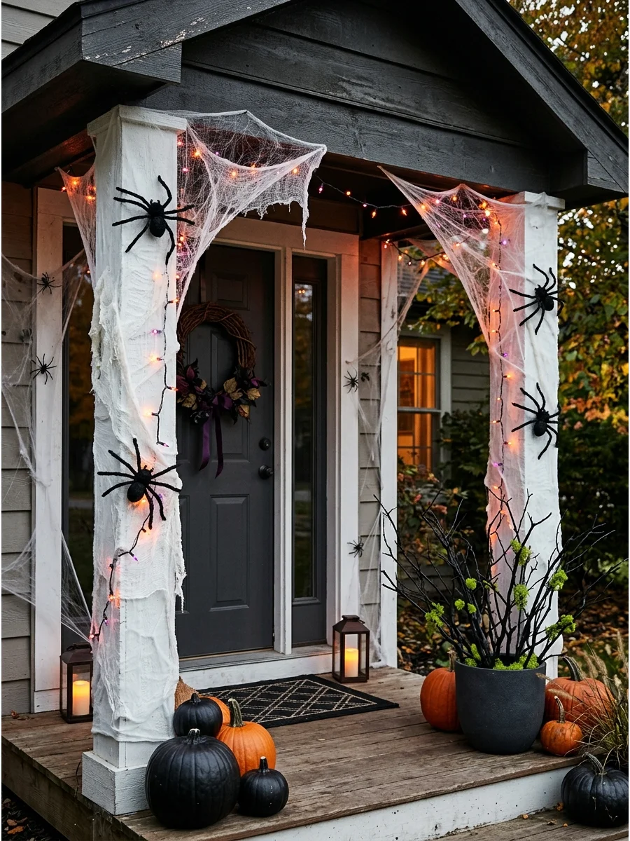 Porch pillars wrapped in white netting with large black spiders.