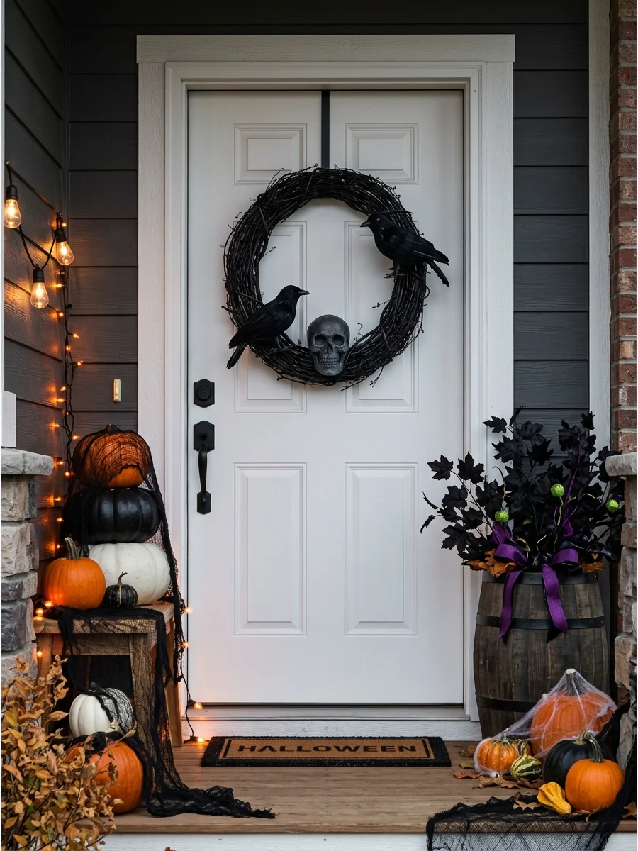 Matte black wreath with ravens and a skull on a white door.