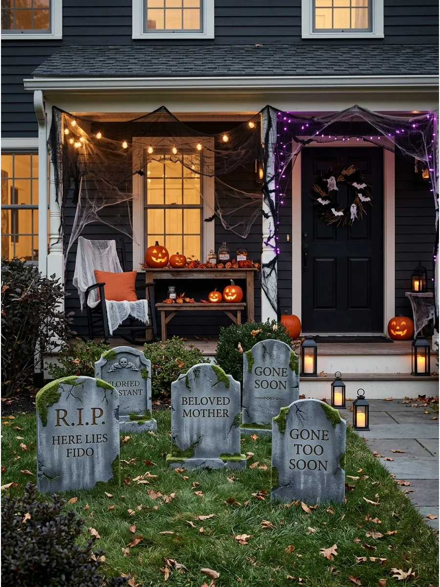 Hand-painted foam tombstones arranged in a front yard cemetery.