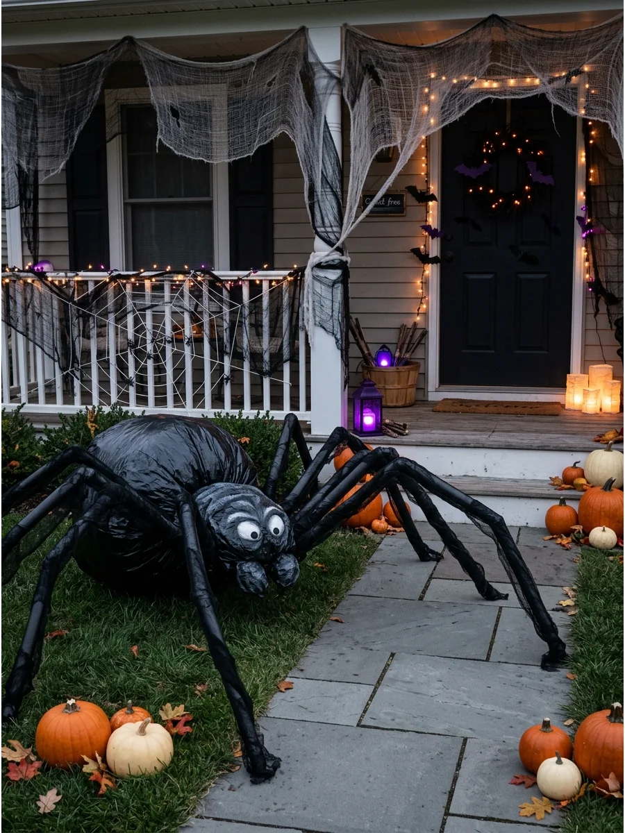 Large DIY spider made from black bags and pipes on a front lawn.