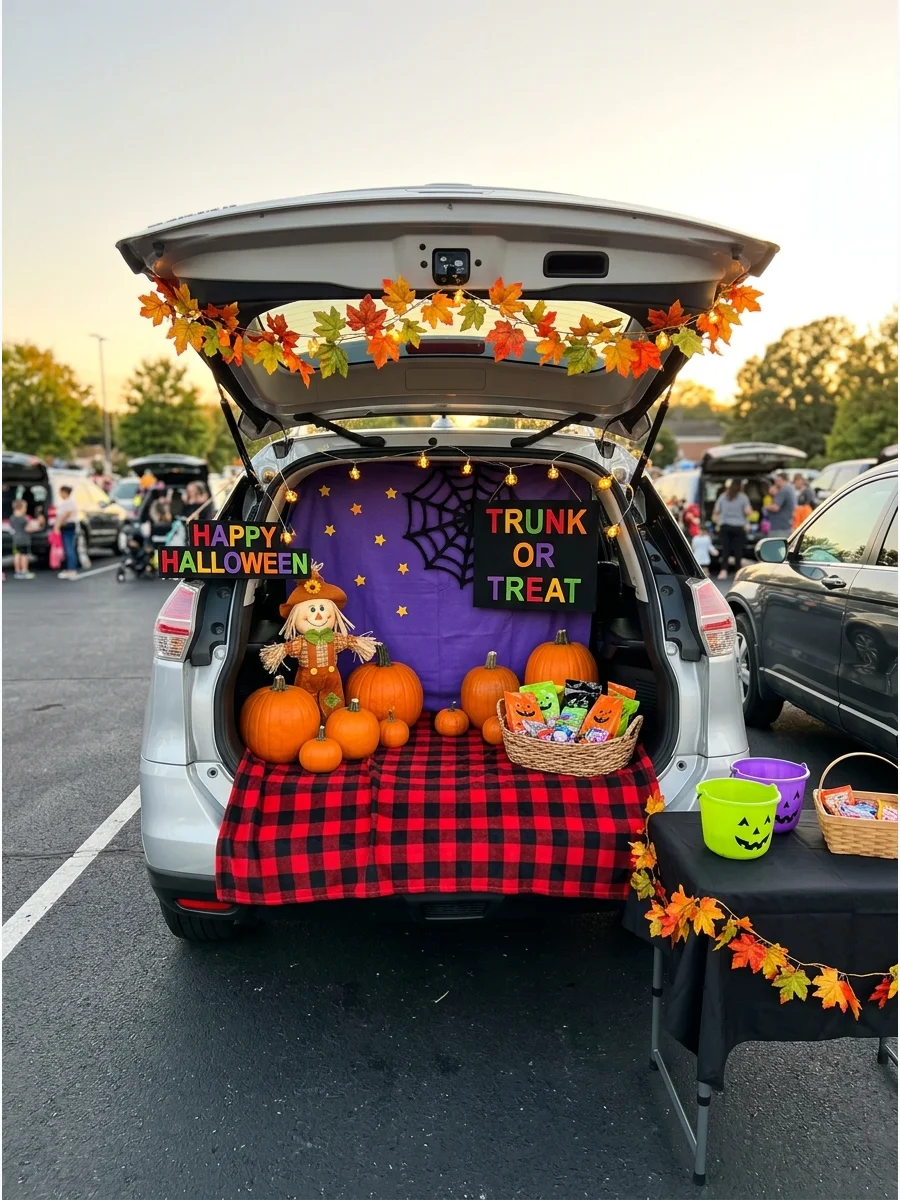 SUV trunk decorated as a pumpkin patch with plaid blankets and pumpkins.