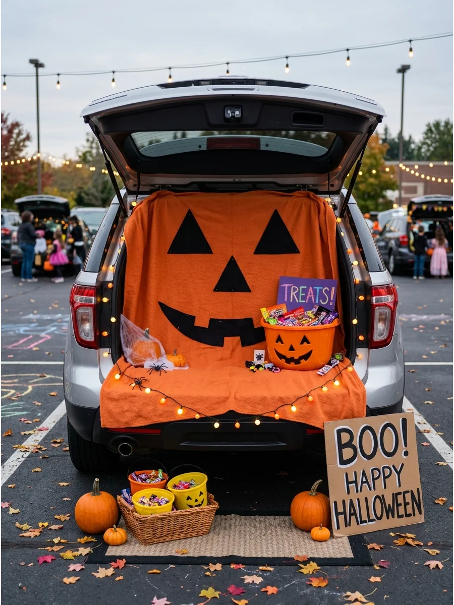 SUV trunk covered in orange fabric with black felt jack-o-lantern face features.