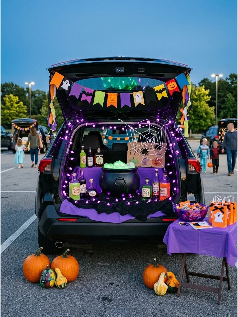 SUV trunk with a witch theme featuring a large cauldron and purple lights.