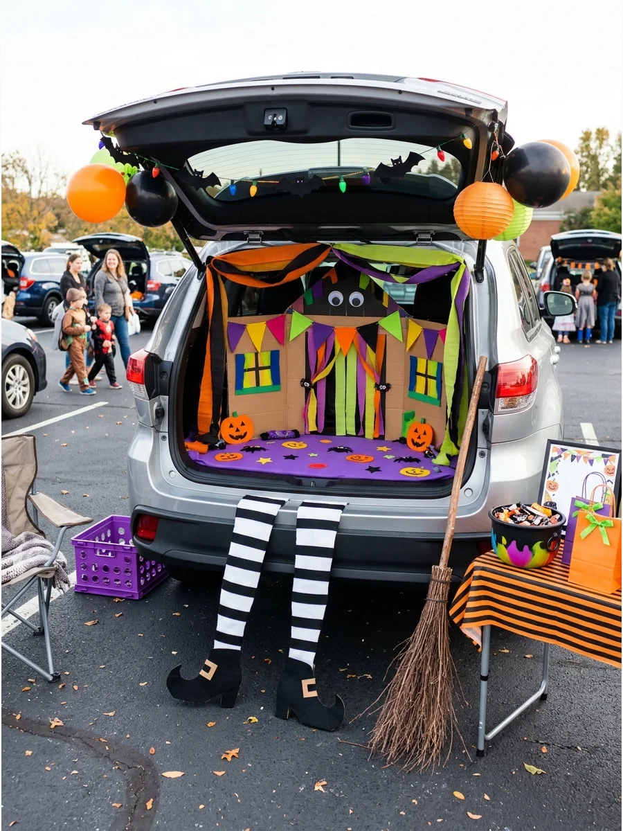 SUV trunk with witch legs sticking out and a broom nearby.