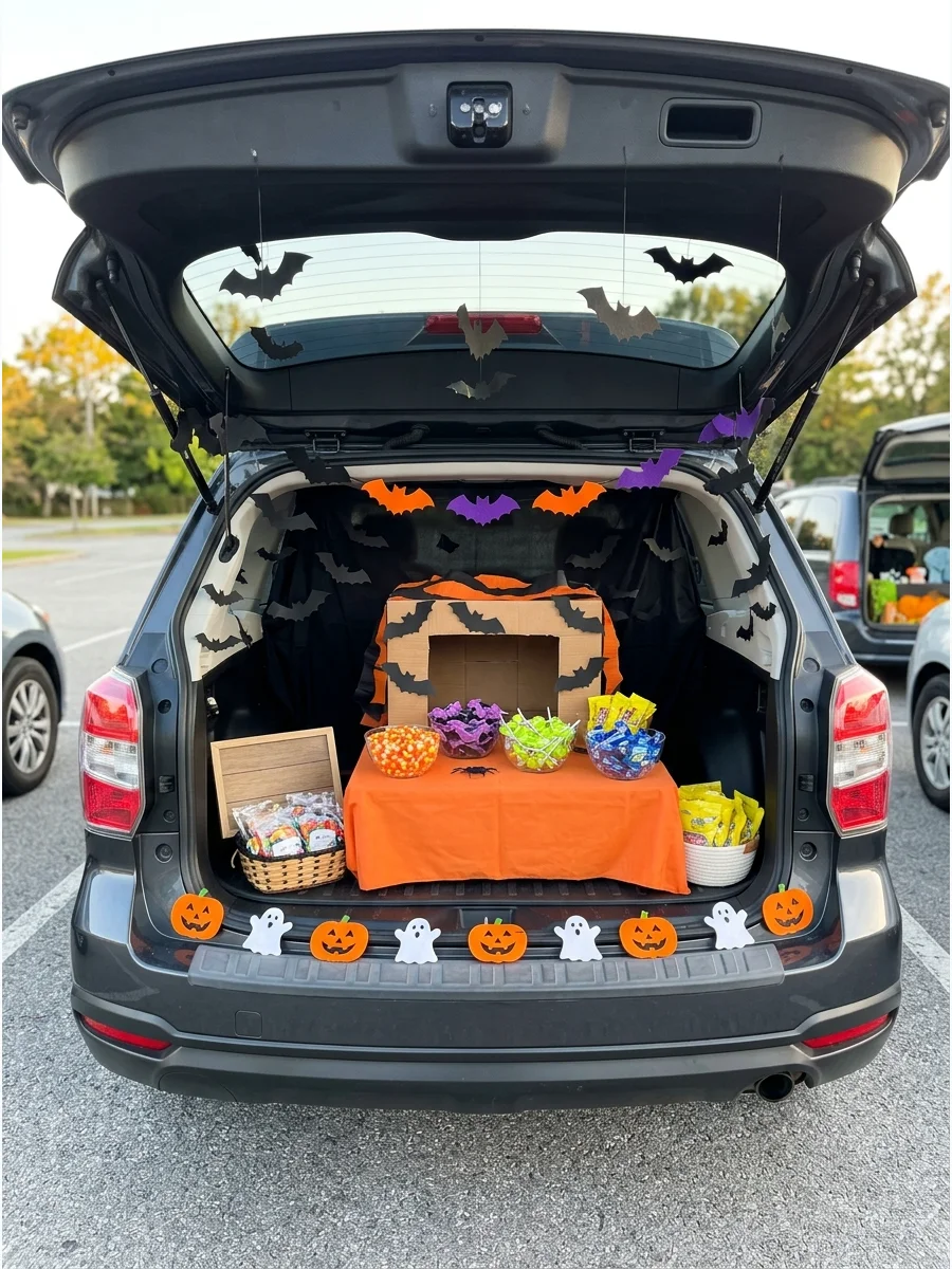 SUV trunk decorated as a bat cave with many black paper bats.