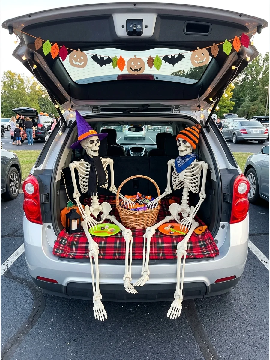 SUV trunk featuring two skeletons having a picnic with pumpkins and candy.