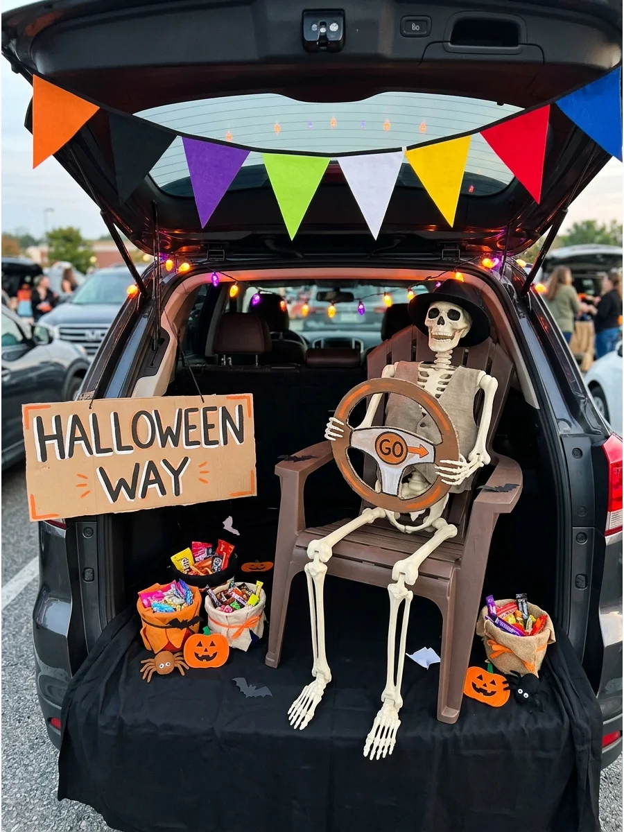 SUV trunk with a skeleton 'driving' a cardboard steering wheel.