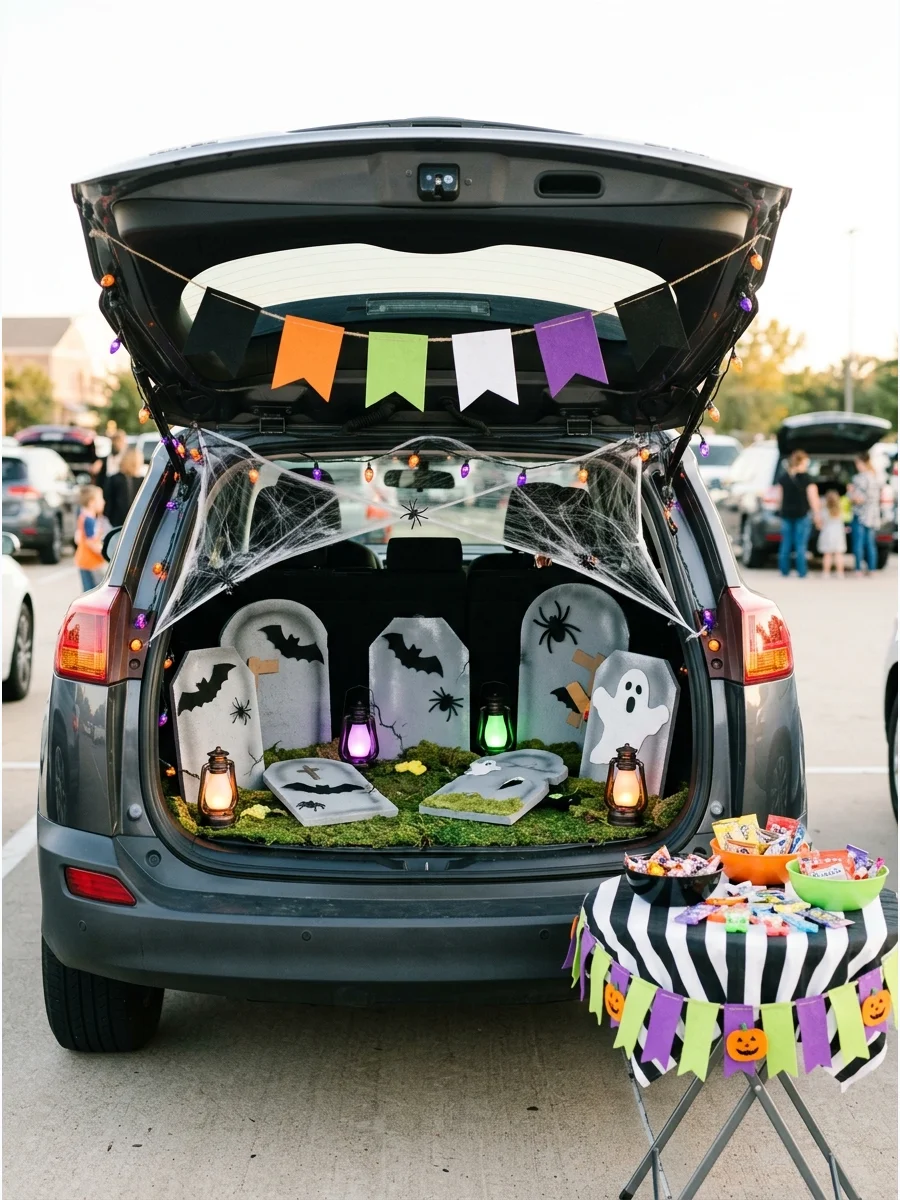 SUV trunk decorated as a graveyard with foam tombstones and moss.