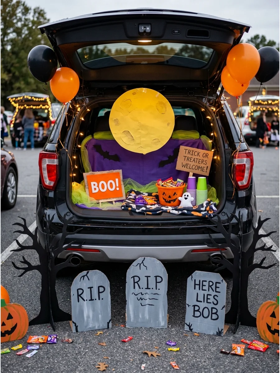 SUV trunk with a large yellow moon and black cemetery silhouettes.