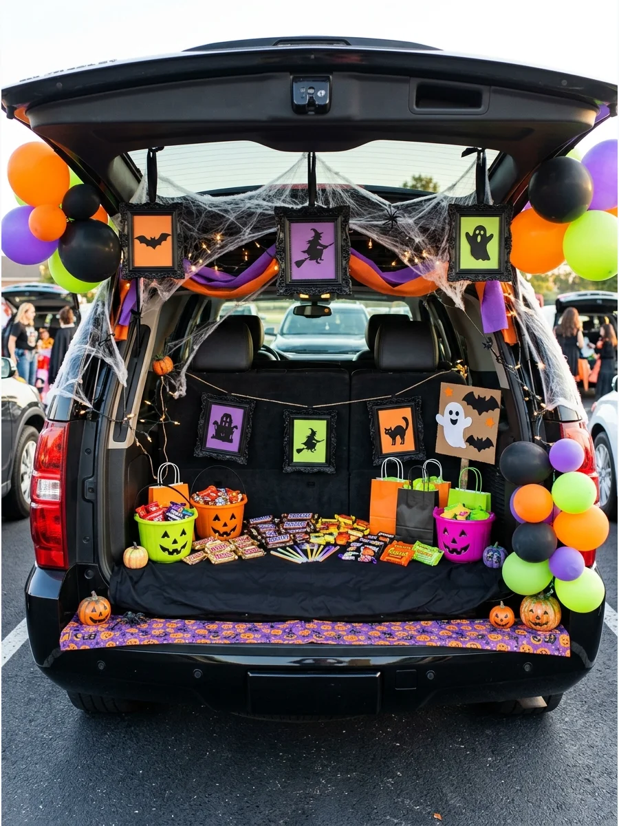 SUV trunk decorated as a haunted portrait gallery with black frames.