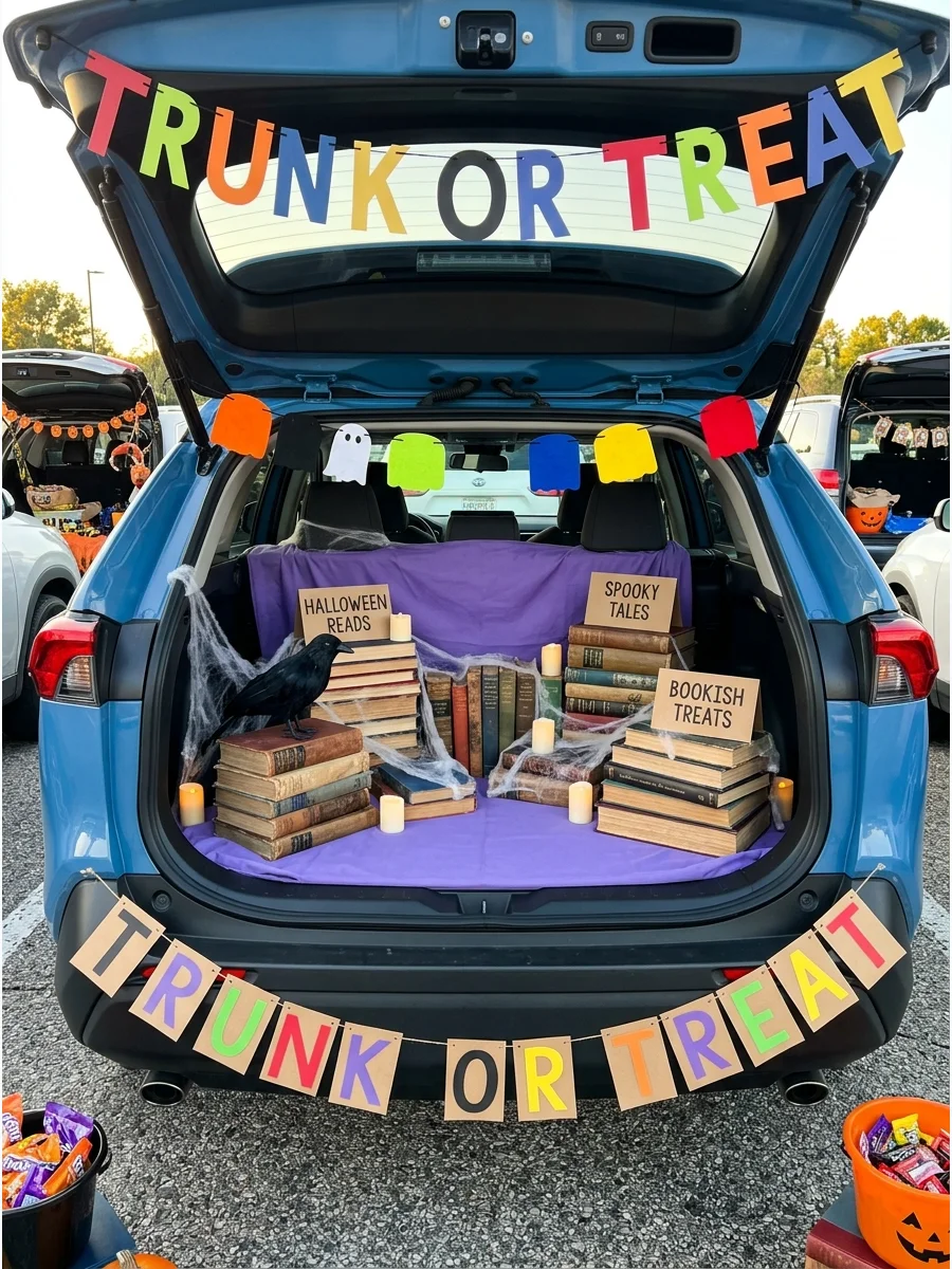 SUV trunk decorated as a haunted library with old books and candles.