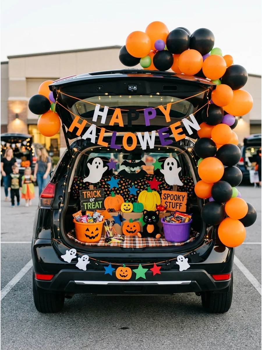 SUV trunk with orange and black balloon arch and a Halloween banner.