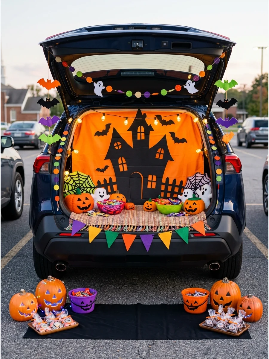 SUV trunk with a haunted house silhouette against an orange background.