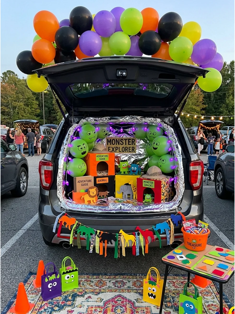 Alien spaceship themed SUV trunk with silver lining and green alien balloons.