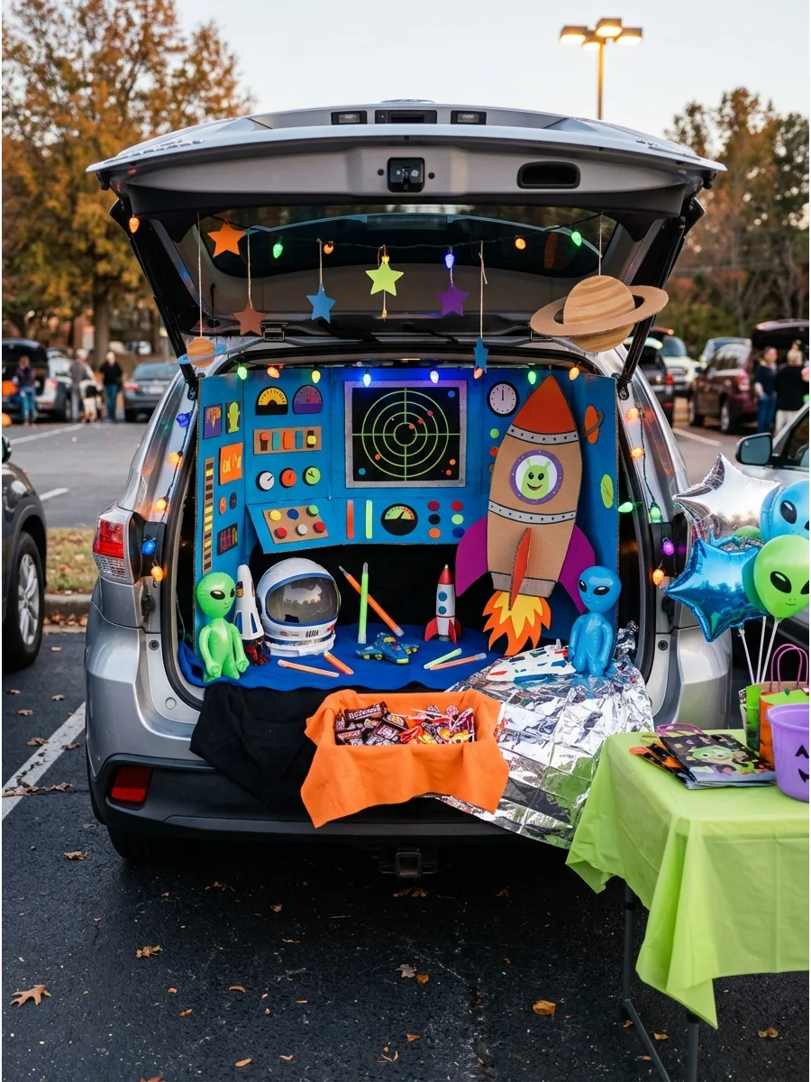 SUV trunk decorated as a space mission control center with cardboard panels.