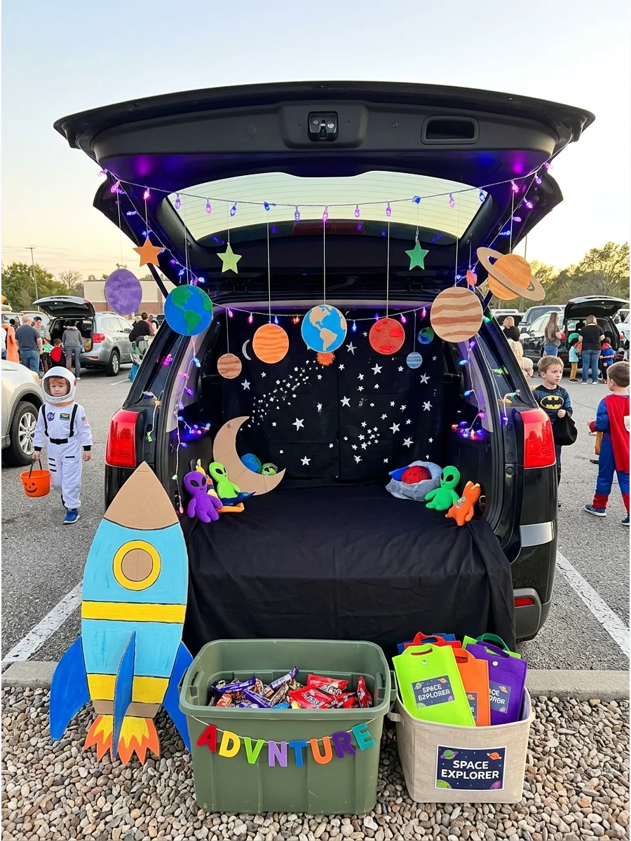 SUV trunk decorated with a galaxy theme, stars, and planets.