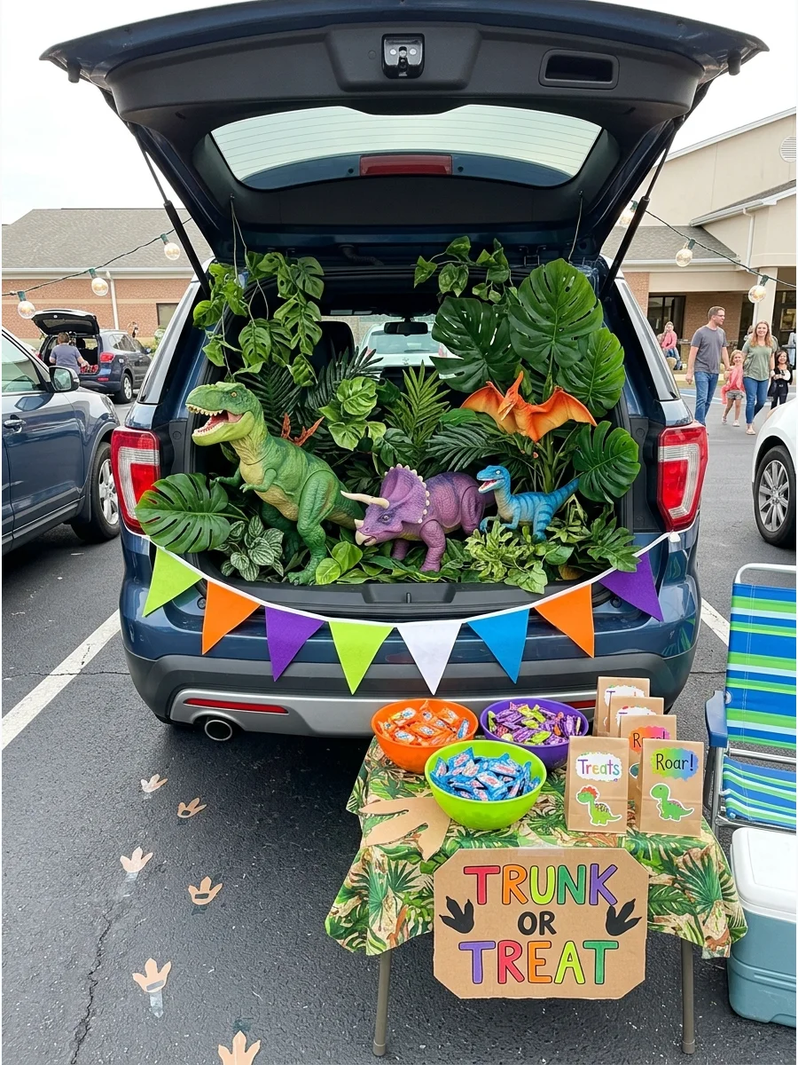 SUV trunk decorated as a dinosaur jungle with leaves and toy dinosaurs.