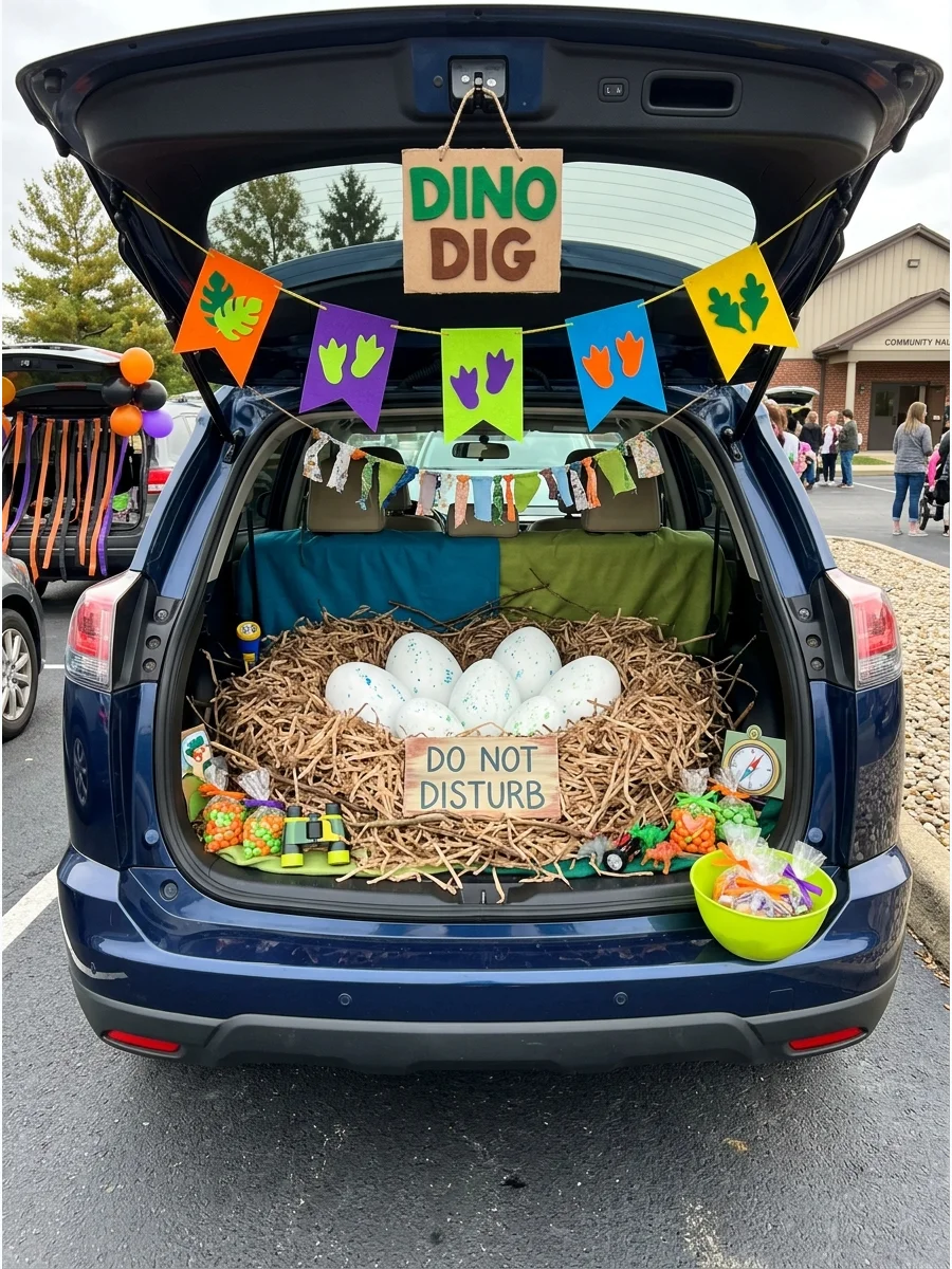 SUV trunk featuring a dinosaur egg nest with large eggs and shredded paper.