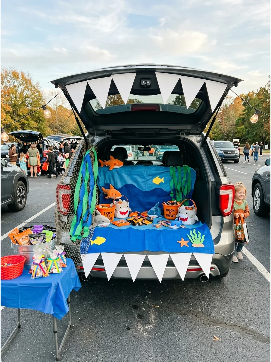 SUV trunk decorated as a shark's mouth with large teeth and blue fabric.