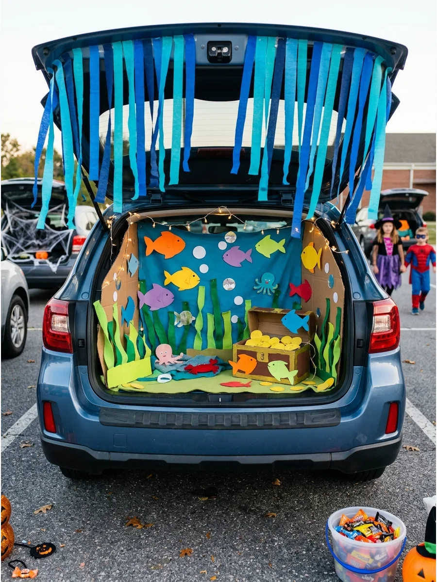 SUV trunk with an underwater theme featuring blue streamers and paper fish.