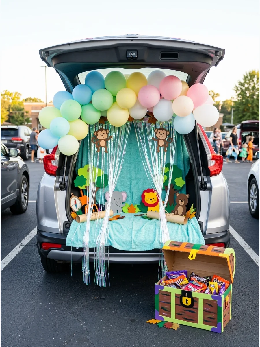 SUV trunk decorated as a mermaid lagoon with iridescent streamers and shells.