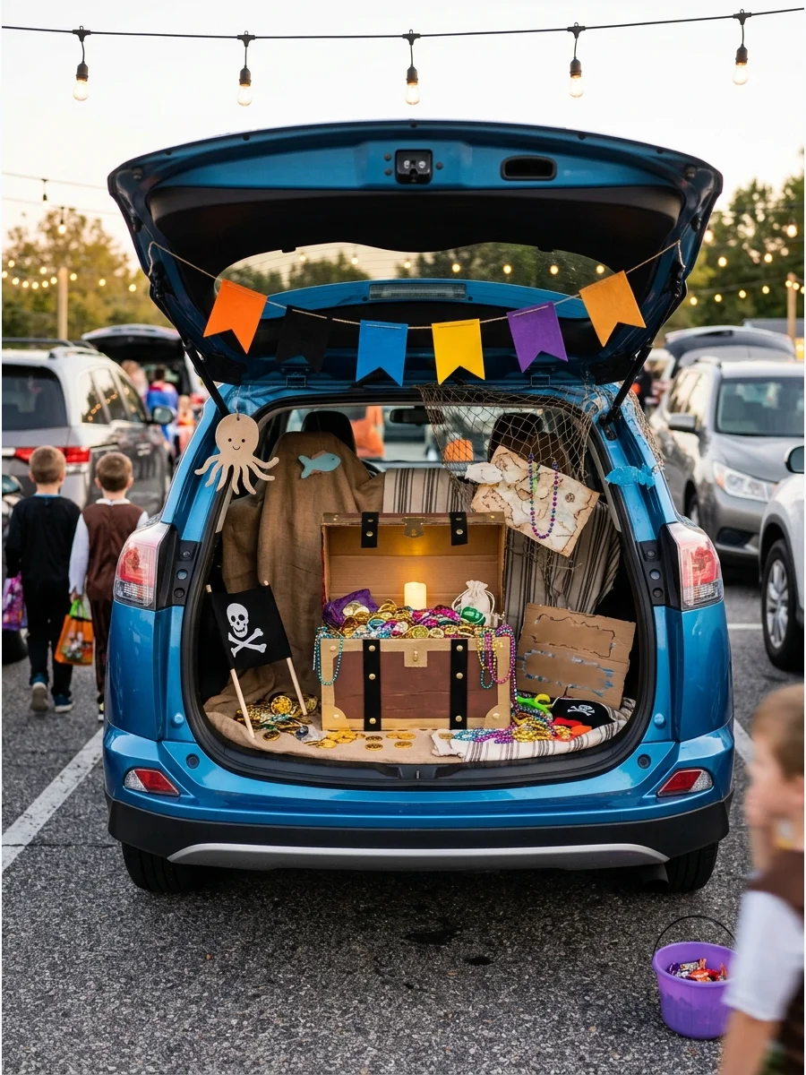 SUV trunk decorated as a pirate treasure chest with gold coins.
