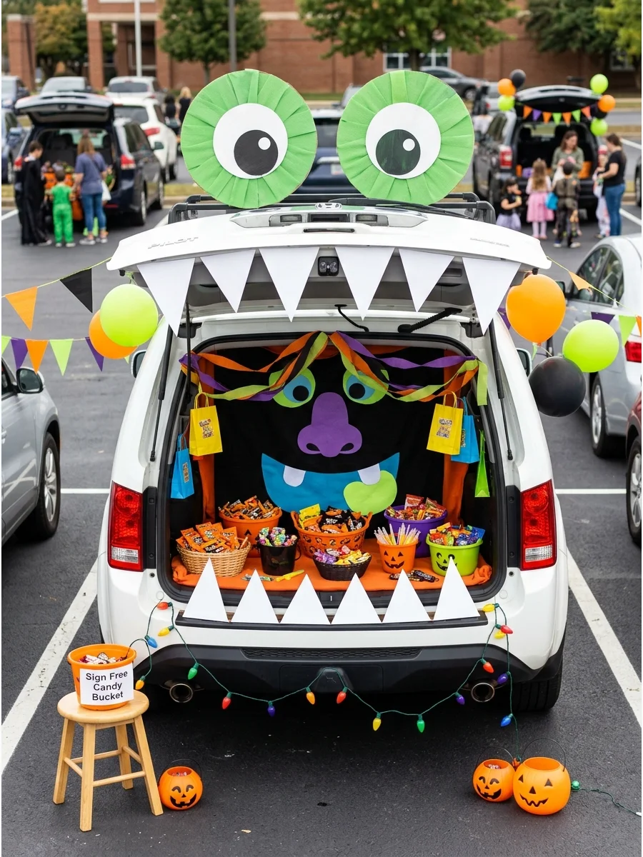 SUV decorated to look like a giant monster mouth with white teeth and green eyes.