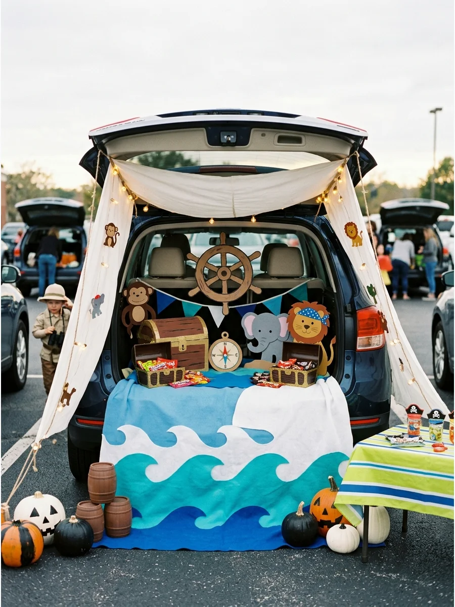 SUV trunk decorated as a pirate ship with a sail and a wooden wheel.
