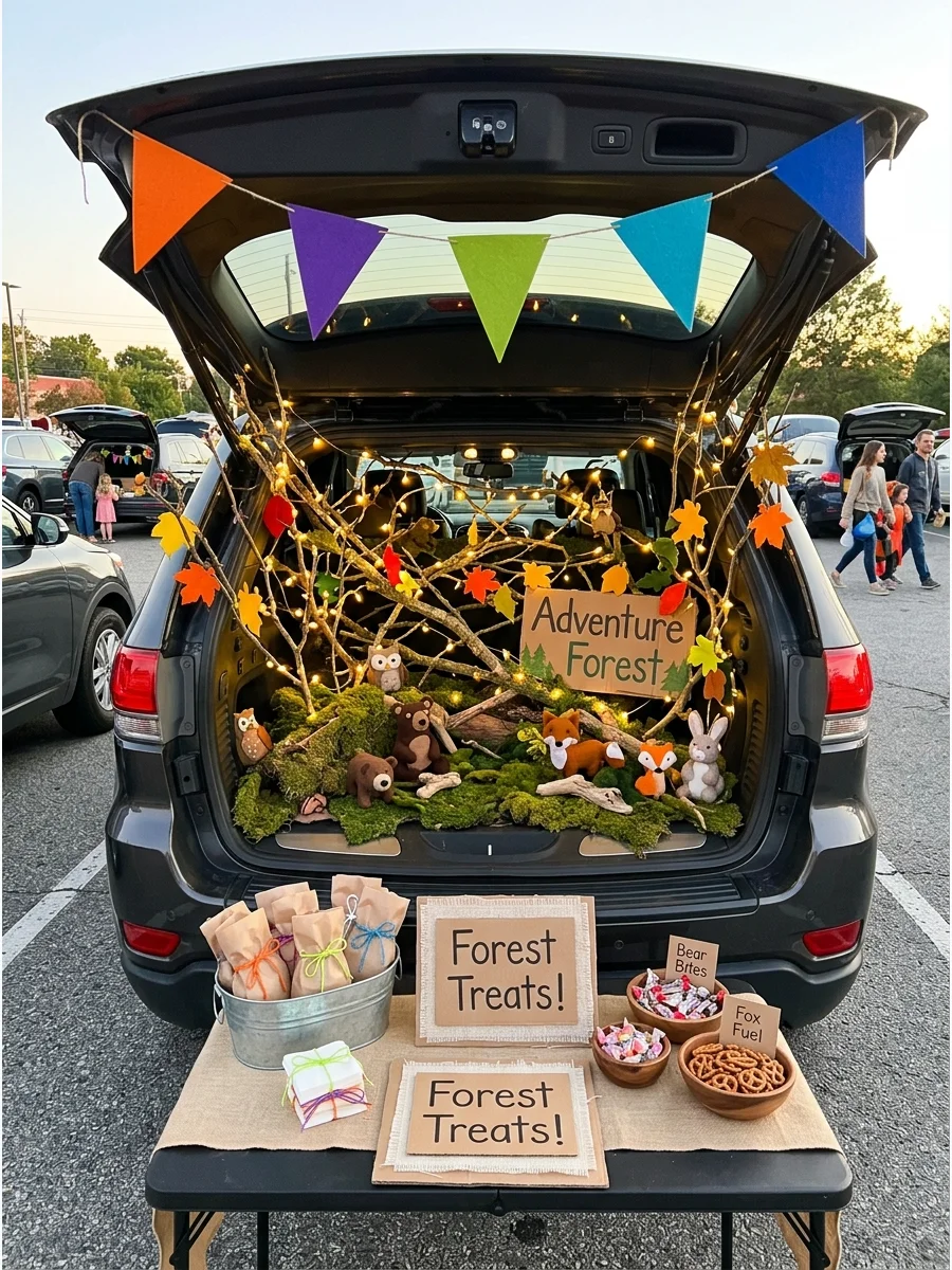 SUV trunk decorated as an enchanted forest with branches and moss.
