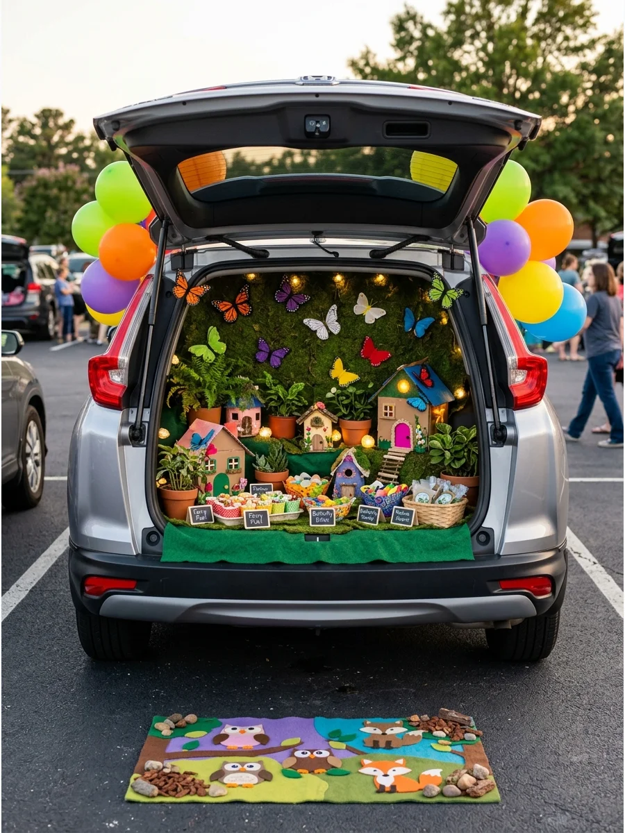 SUV trunk decorated as a fairy garden with tiny houses and plants.