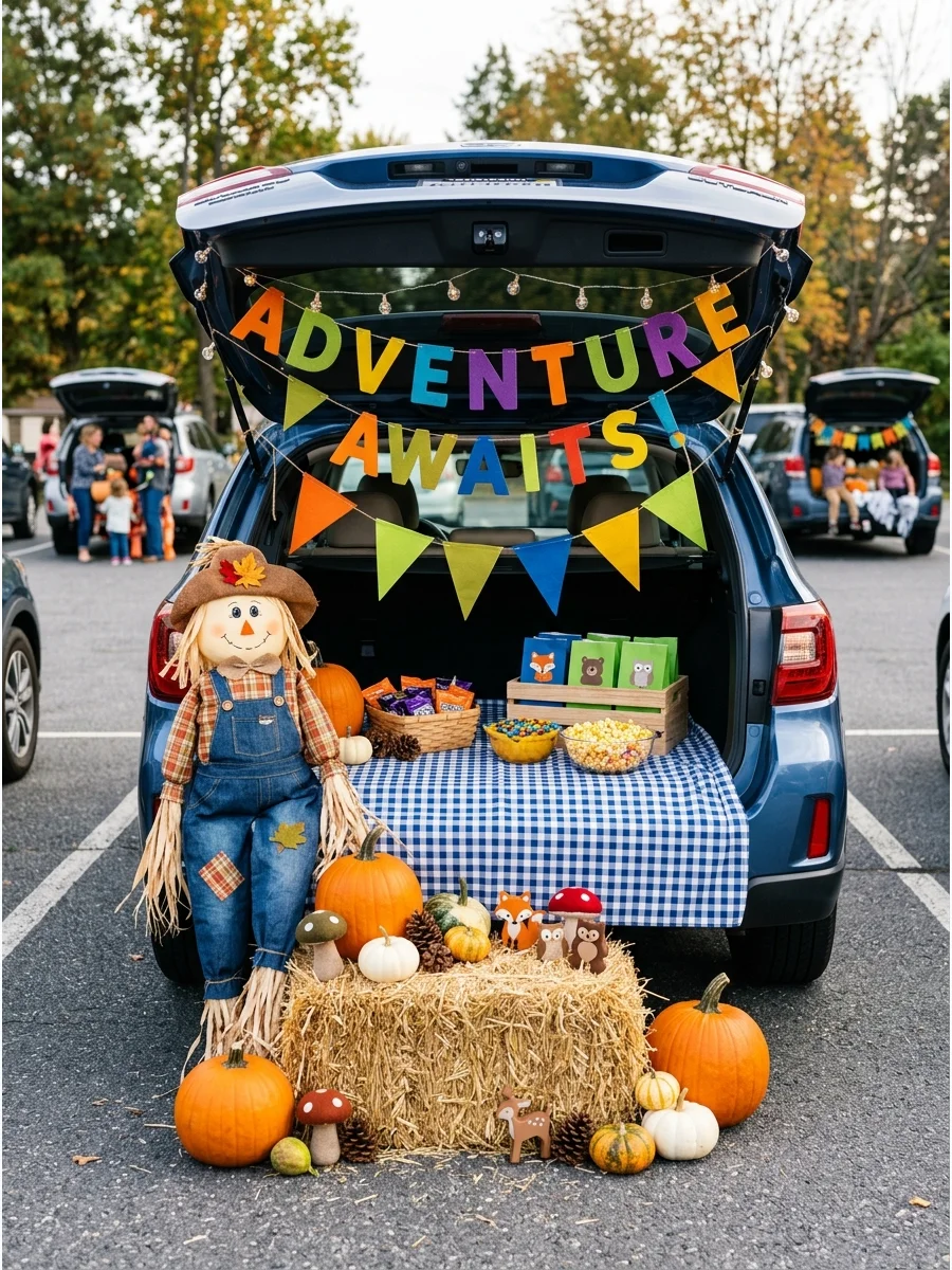 SUV trunk with a farm harvest theme featuring hay and pumpkins.