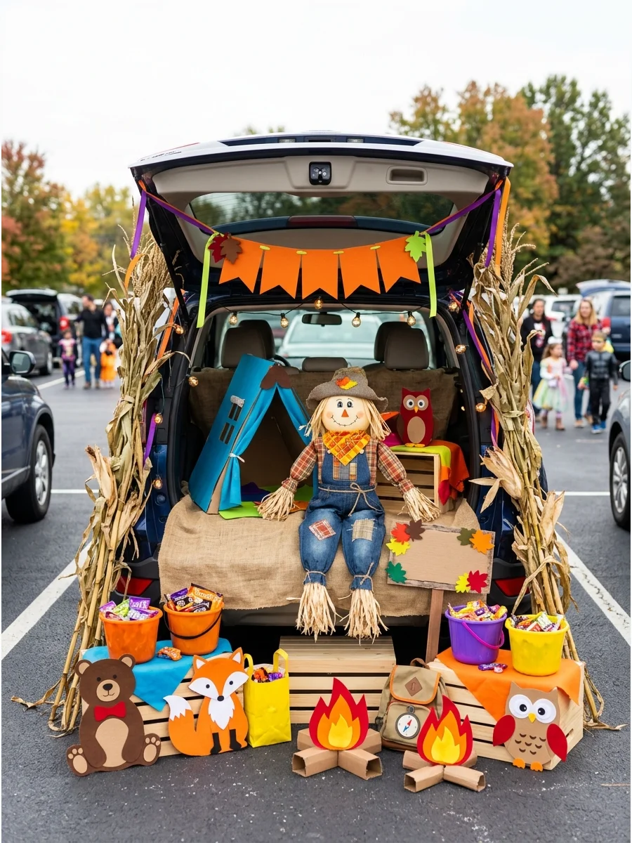 SUV trunk decorated with cornstalks and a scarecrow.