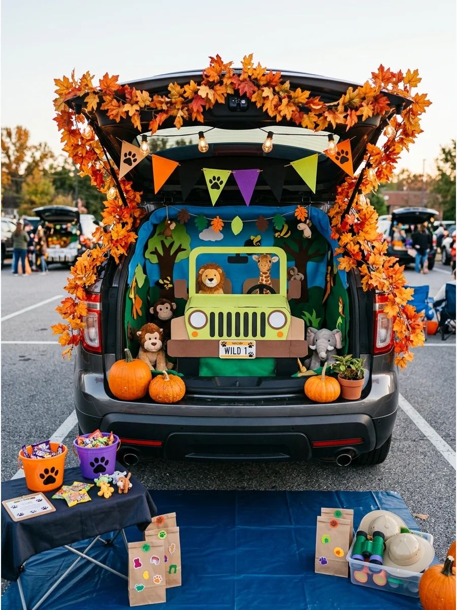 SUV trunk decorated with a thick garland of colorful fall leaves.