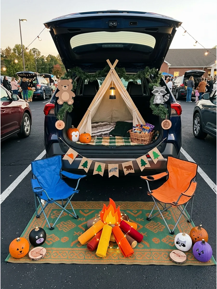 SUV trunk decorated as a campsite with a tent and paper campfire.