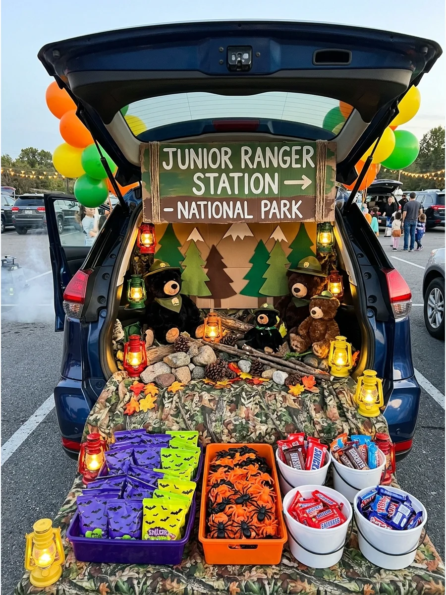 SUV trunk with a National Park theme featuring stuffed animals and signs.