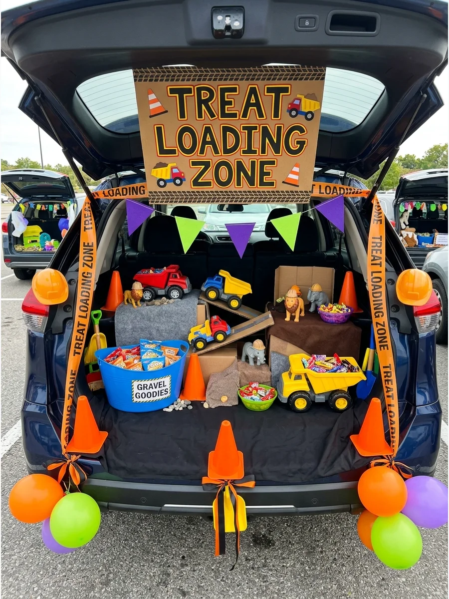 SUV trunk decorated as a construction zone with cones and caution tape.