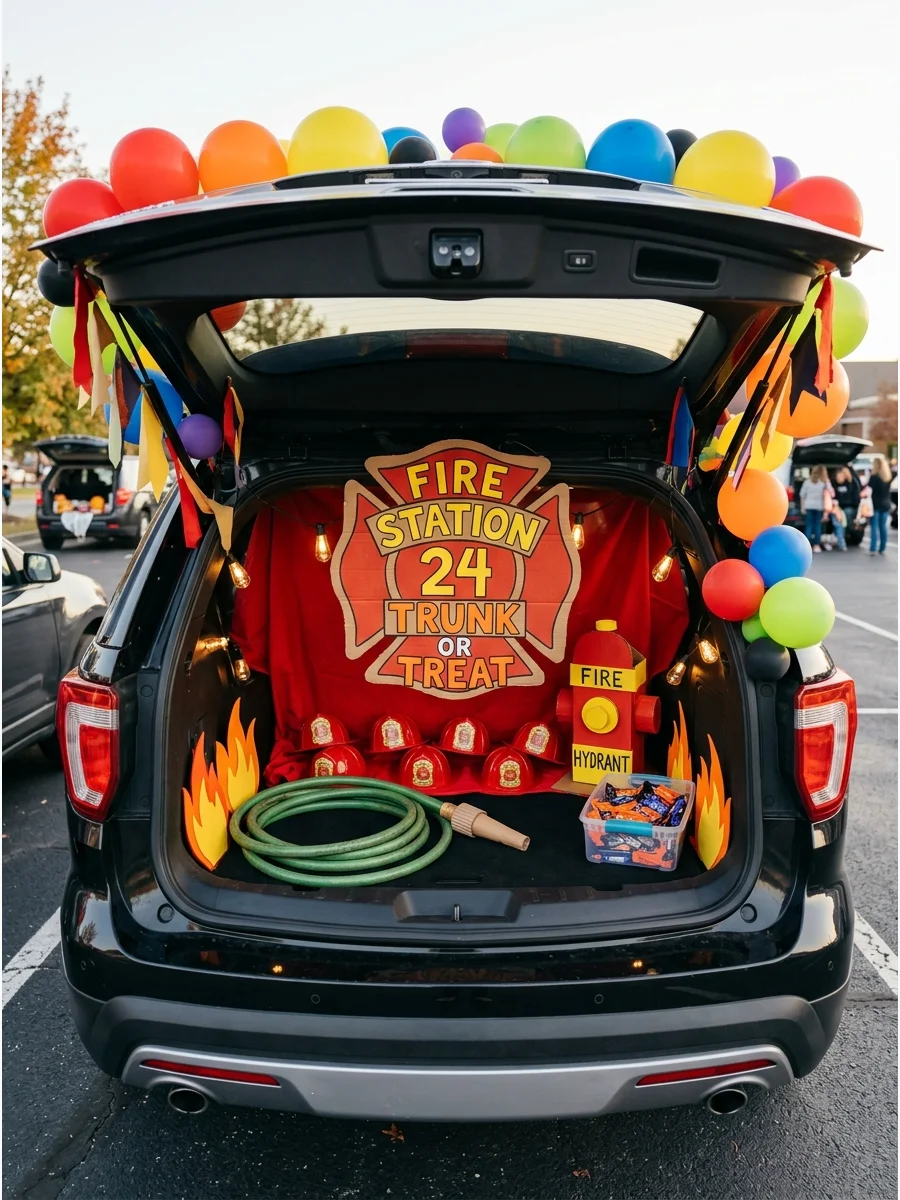 SUV trunk decorated as a fire station with red fabric and hats.