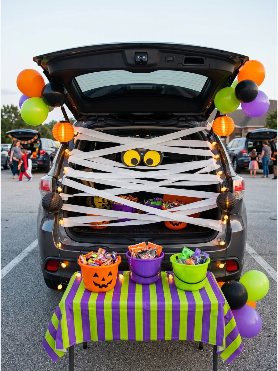 SUV trunk wrapped in white crepe paper to look like a mummy with yellow eyes.