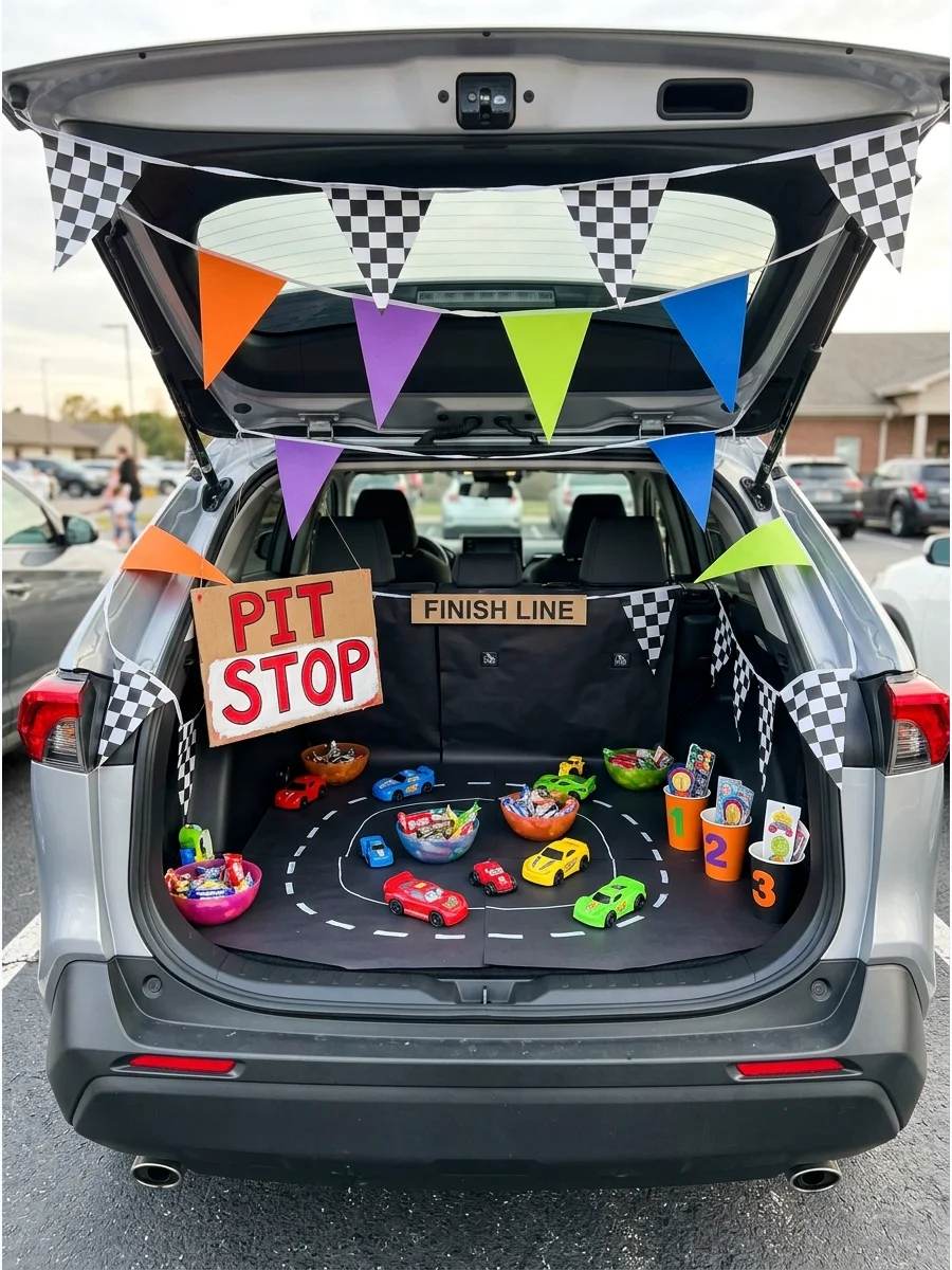SUV trunk decorated as a race car pit stop with checkered flags.