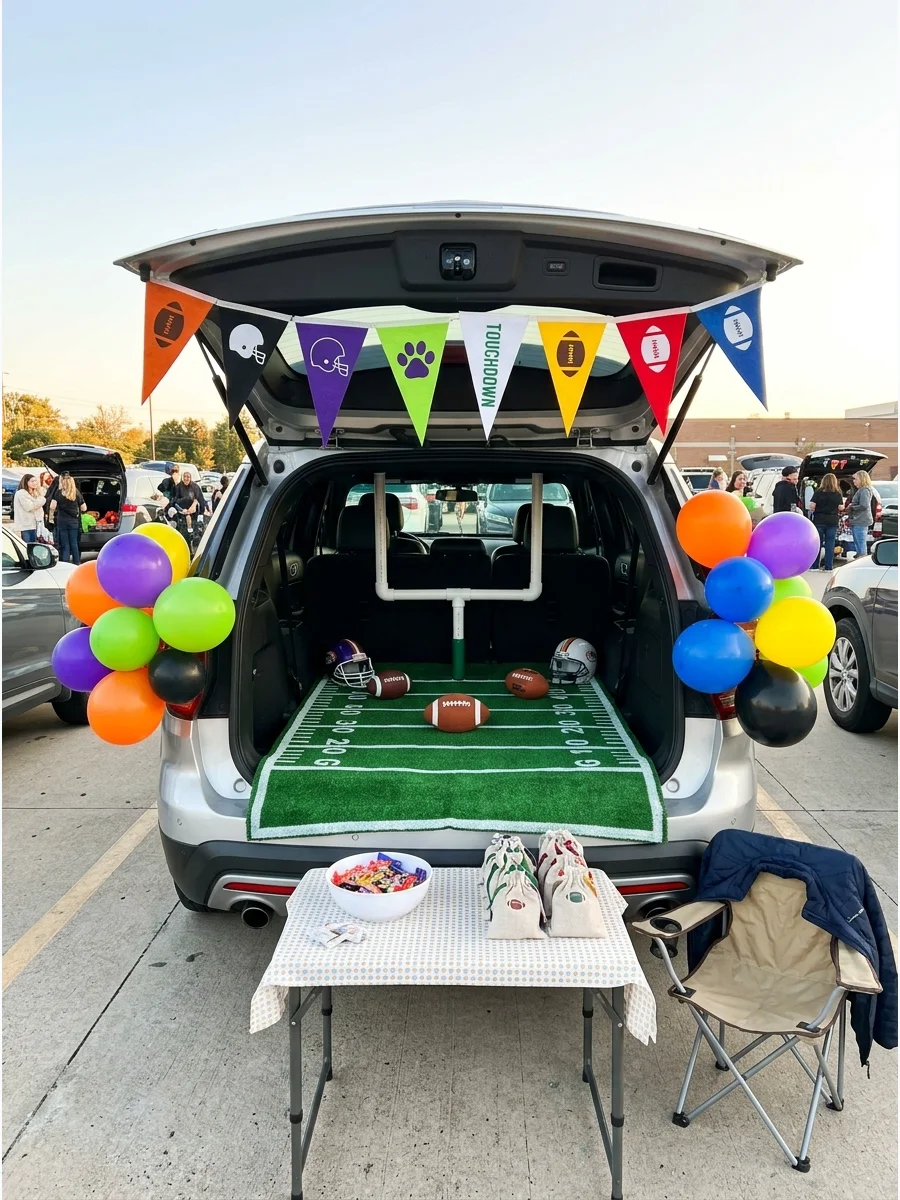 Football themed trunk or treat setup with green turf and pennants.