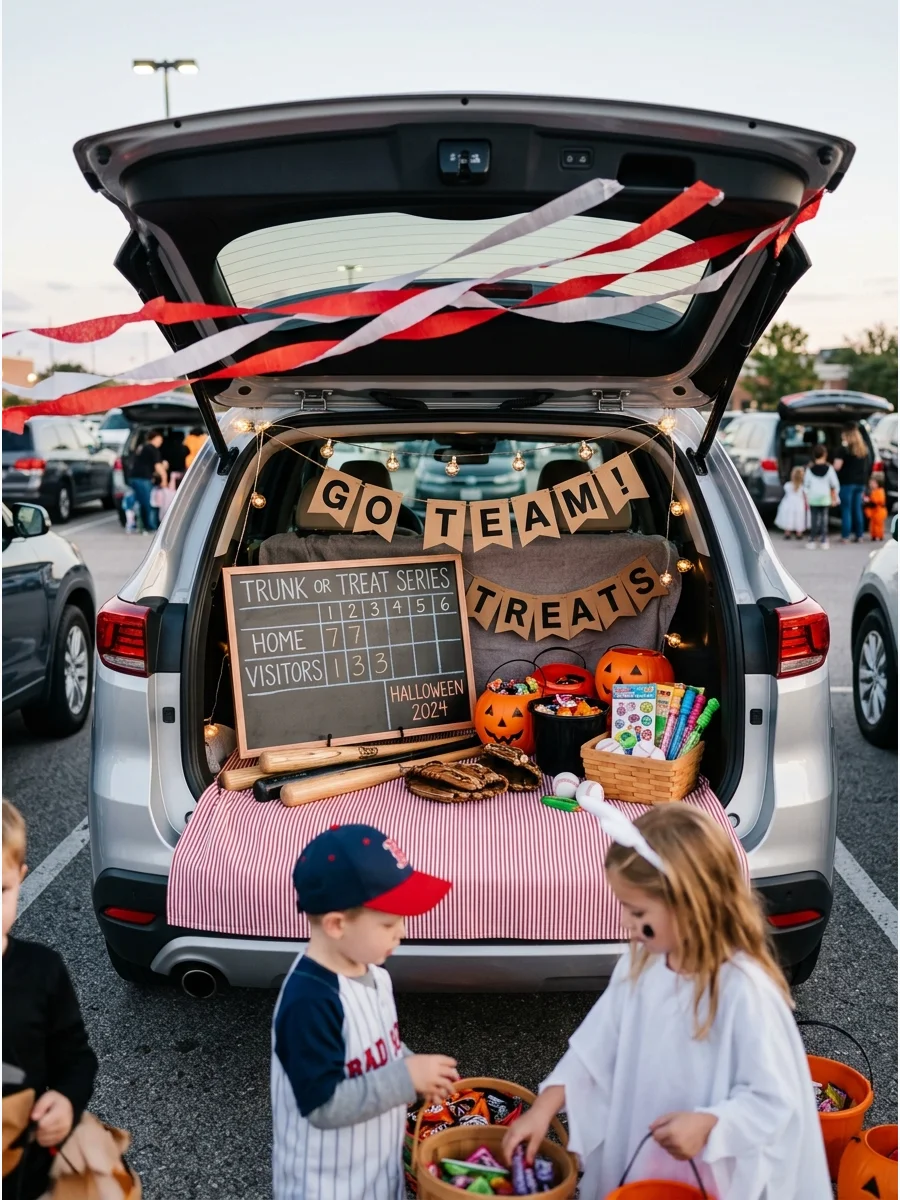 SUV trunk decorated as a baseball dugout with bats and a scoreboard.