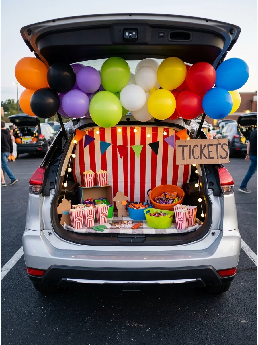 SUV trunk decorated as a carnival booth with red and white stripes.