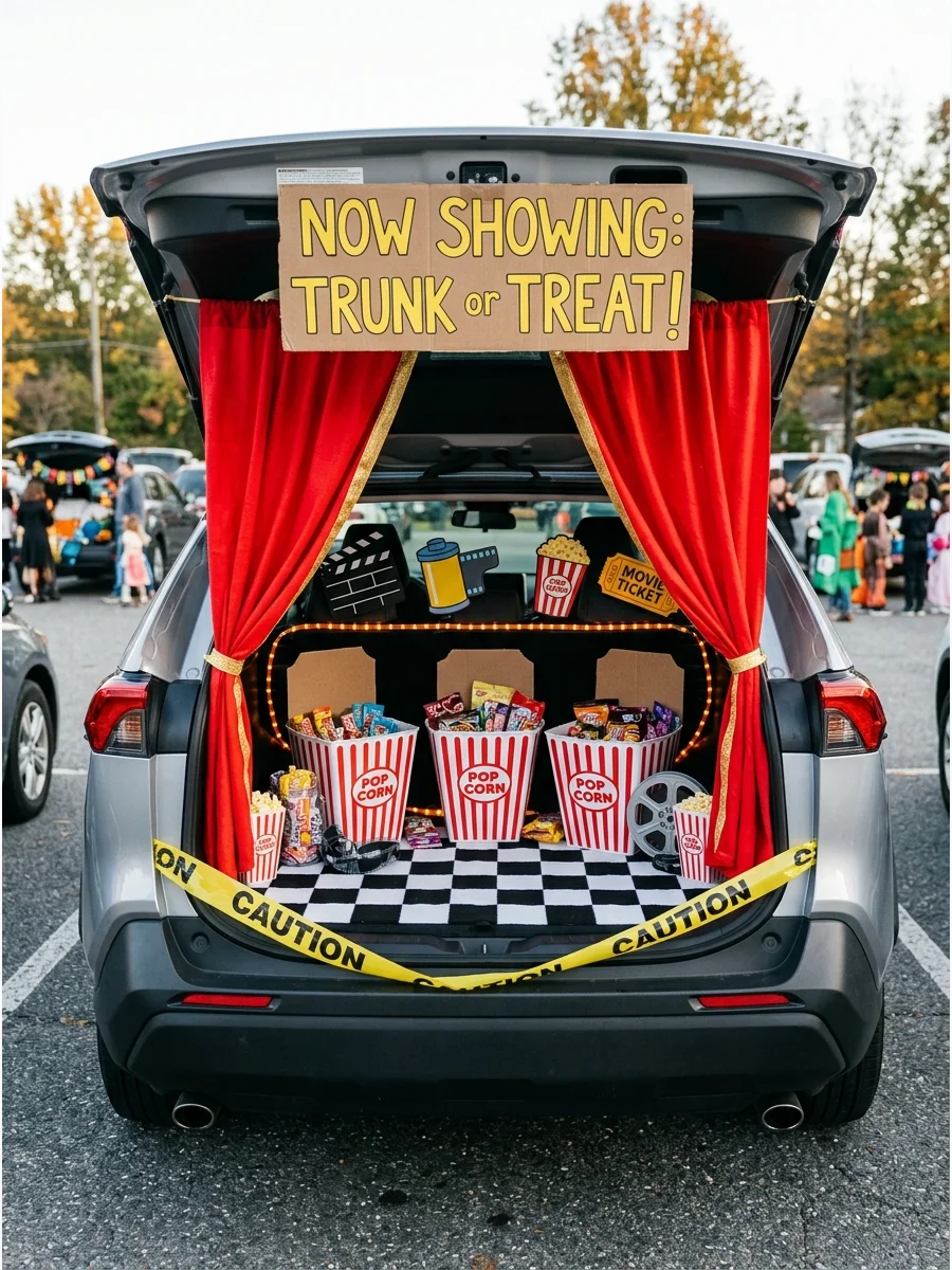 SUV trunk decorated as a movie theater with red curtains.