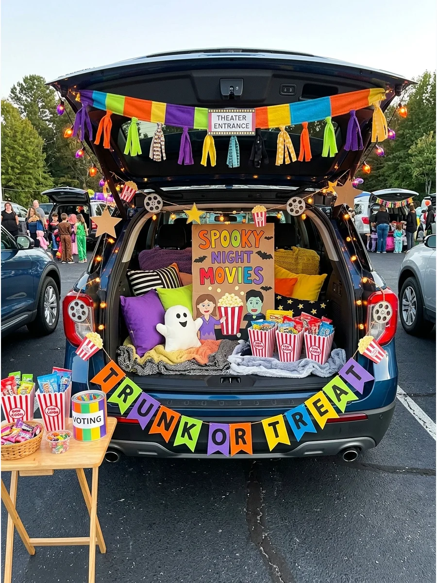 SUV trunk with a cozy movie night theme and pillows.