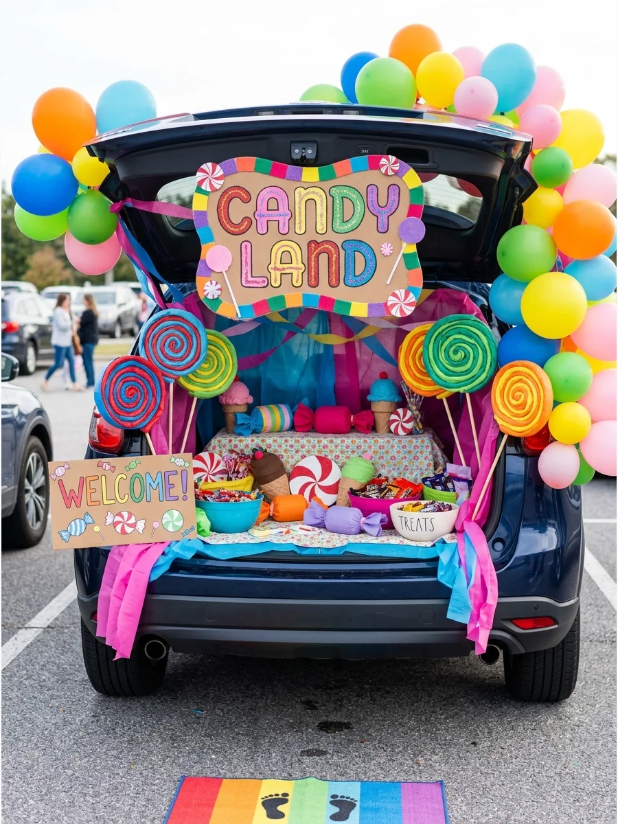 SUV trunk decorated as Candy Land with giant lollipops.