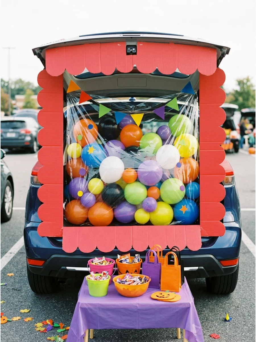 SUV trunk decorated as a giant gumball machine with colorful balloons.