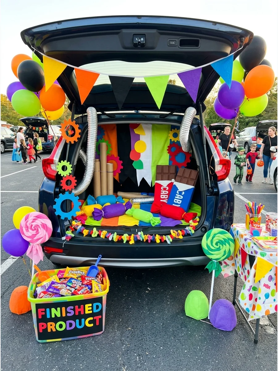 SUV trunk decorated as a candy factory with silver pipes and gears.