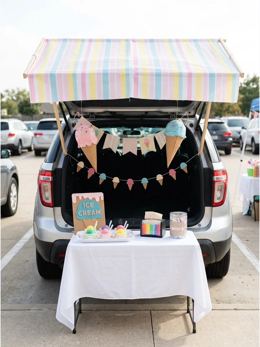 SUV trunk decorated as an ice cream shop with pastel colors.
